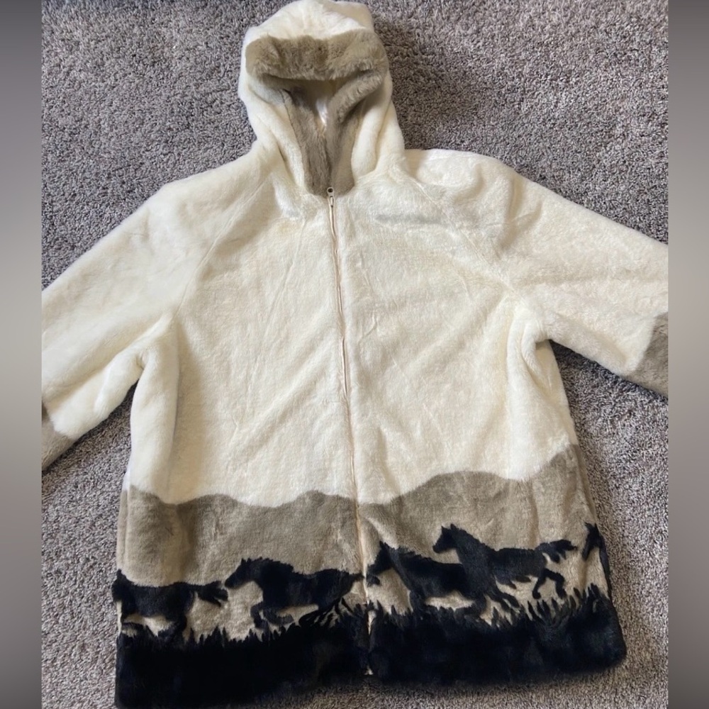 Vintage Lake Matley Equestrian horses coat jacket women XL fleece faux fur